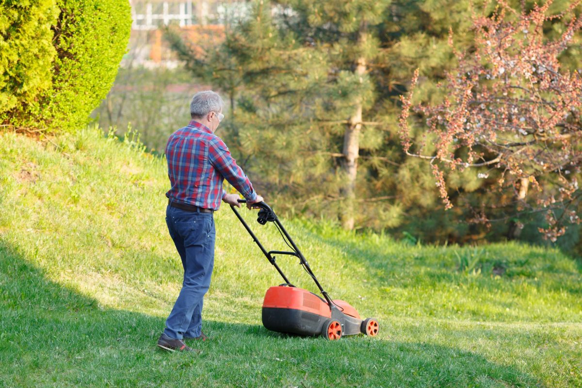 uomo usa tagliaerba a batteria in giardino